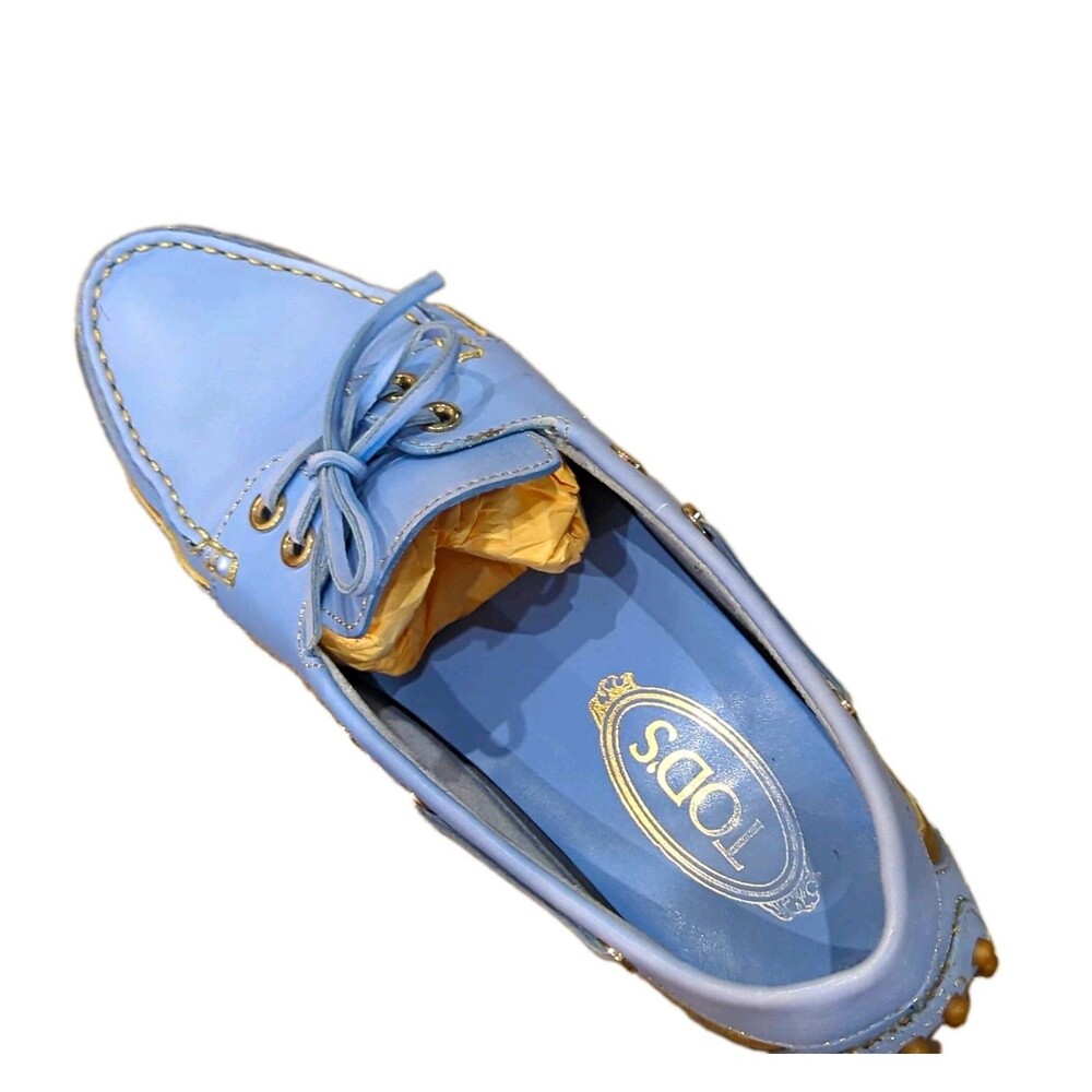 Tod's Women’s Blue Leather Lace-Up Loafer Flats Almond Toe Sz 8, 38